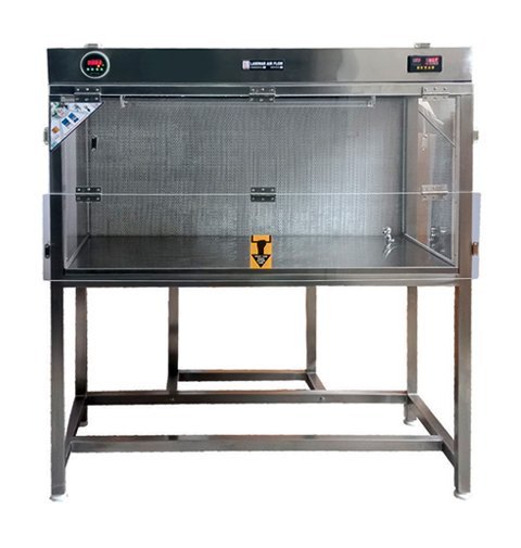 Sentwin horizontal laminar air flow cabinet in stainless steel with sliding front sash and stand.