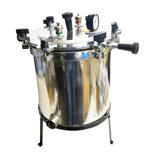 Sentwin portable aluminium autoclave with pressure gauge and tripod stand.